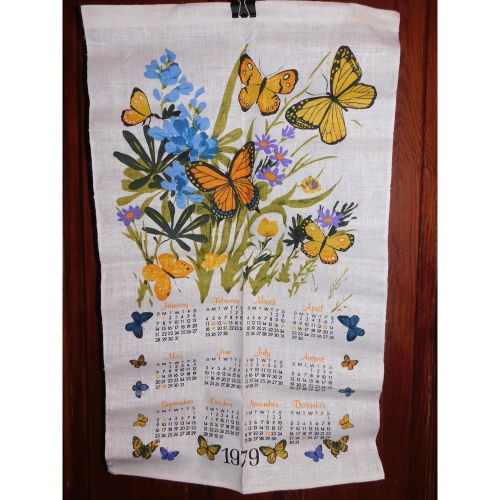 Vintage Stevens Linen Tea Towel Calendar 1979 Butterflies Original Box